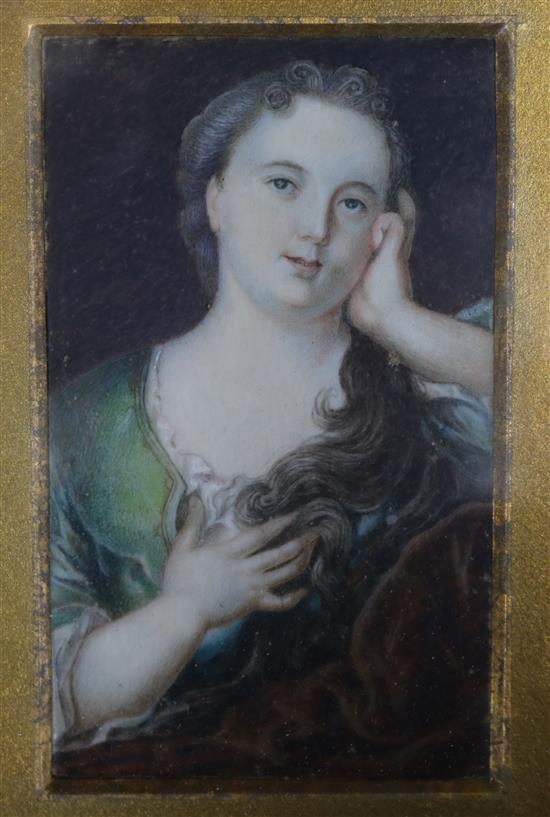 19th century English School, oil on ivory, miniature of a lady 10 x 6cm